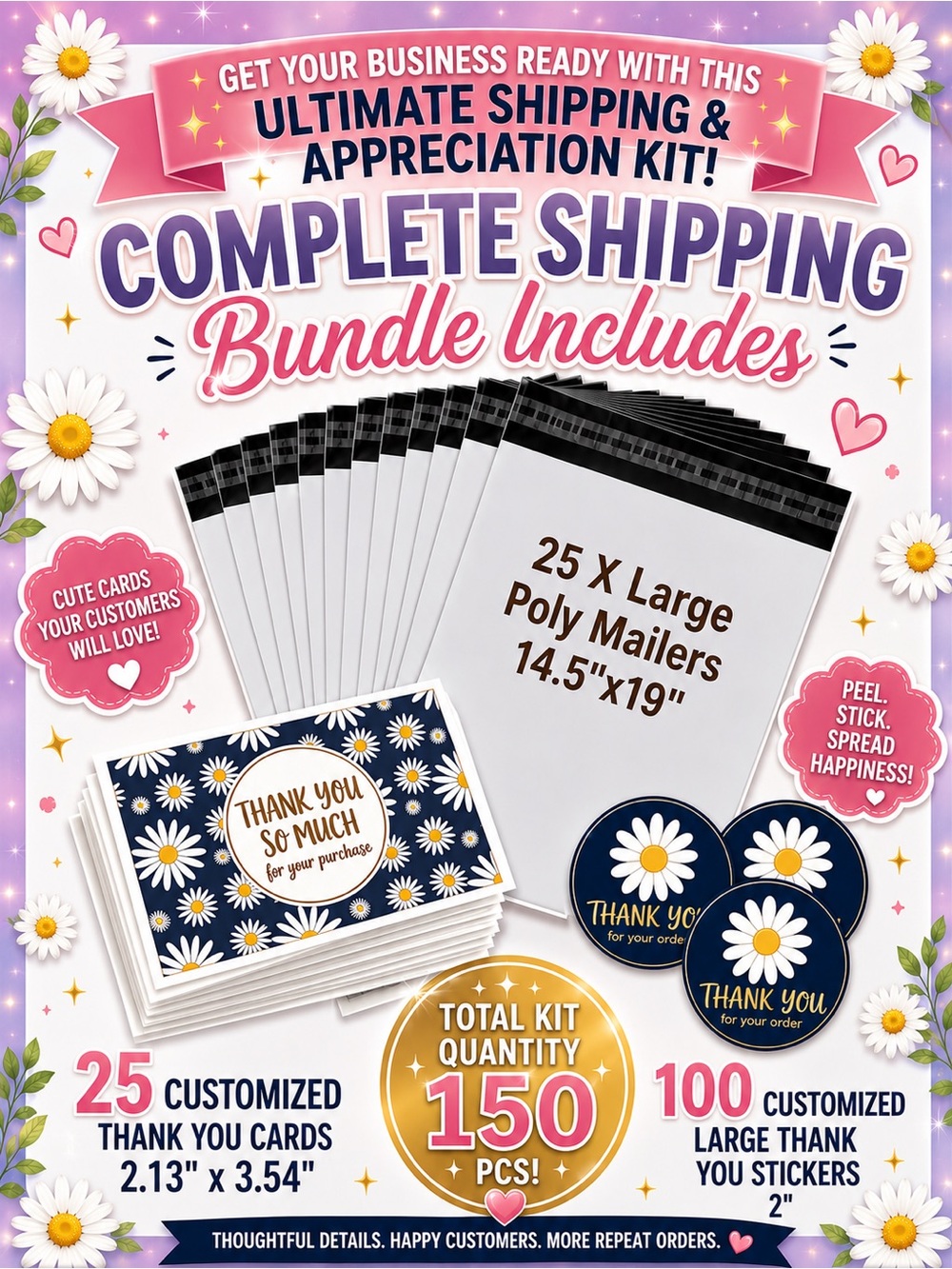 150PC Shipping Bundle, 25 X-Large Poly Mailers, 25 Thank You Cards & 100 Sticker